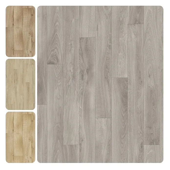 PVC-Boden Meterware Vinylboden 4m Diele Eiche grau -  - Muster von hellgrauem Holzplankenboden mit drei kleineren hellbraunen Holzplankenmustern.