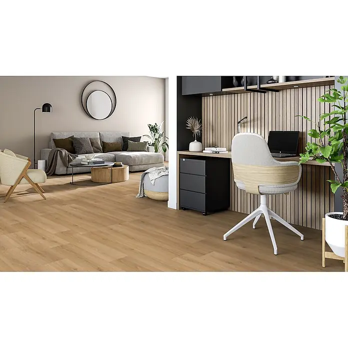 PVC-Boden Meterware Vinylboden 4m Diele Eiche dunkel rustikal -  - Hellbrauner Holzboden in einem modernen offenen Wohn- und Arbeitsbereich.