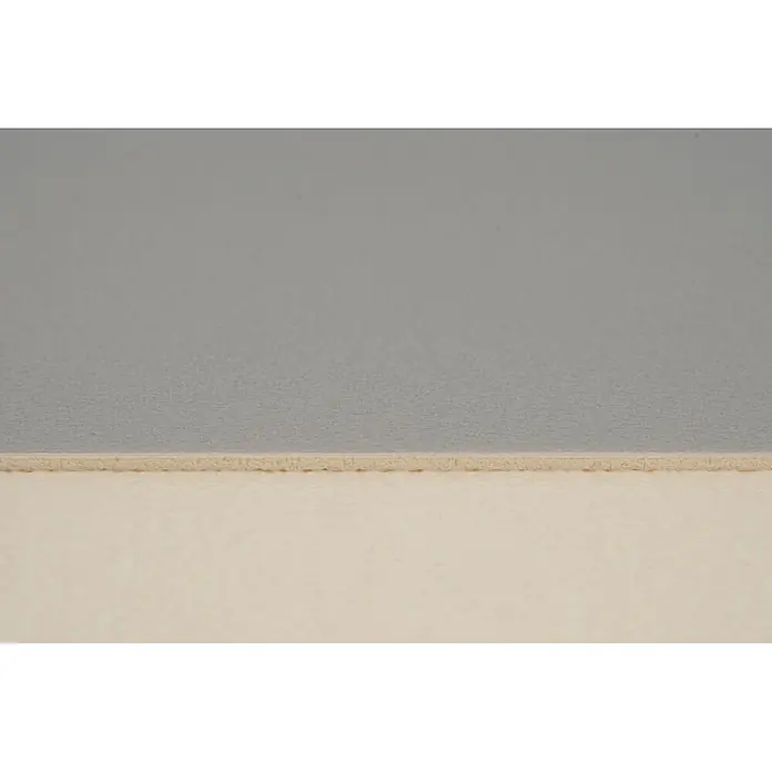 PVC-Boden Meterware Vinylboden 2m Steinoptik Betonoptik grau -  - Querschnitt einer Dämmmatte mit grauer Textiloberfläche und hellbeiger, poröser Unterseite.