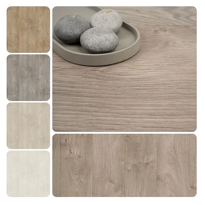PVC-Boden Meterware Vinylboden 2m Holzoptik Diele Eiche hell-grau -  - Holzbodenmuster in verschiedenen Farbtönen. Ein größeres Muster zeigt ein Tablett mit drei Steinobjekten.