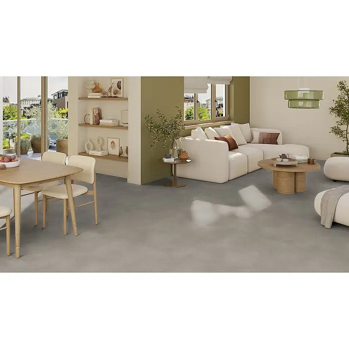 PVC-Boden Meterware Vinylboden 4m Beton grau -  - Glatte graue Bodenbelag, der Mikrozement ähnelt, verbindet einen modernen Wohn- und Essbereich mit minimalistischer Ästhetik.