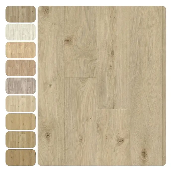 PVC-Boden Meterware Vinylboden 4m Diele Eiche hell rustikal -  - Muster von Holzoptik-Bodenbelag mit einer großen hellen Planke und mehreren kleineren Planken in verschiedenen Holztönen.