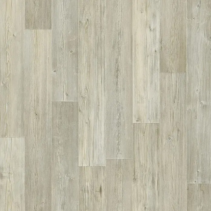 PVC-Boden Meterware Vinylboden 4m Diele Eiche hell weiss rustikal -  - Hellgraue Holzdielenoptik mit sichtbarer Maserung und Ästen.