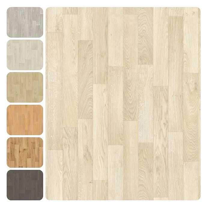 PVC-Boden Meterware Vinylboden 4m Diele Eiche hell creme weiss -  - Heller Dielenboden aus Holz mit sechs kleineren Holzbodenmustern in verschiedenen Farbtönen an der Seite.