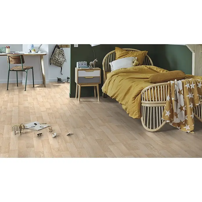 PVC-Boden Meterware Vinylboden 4m Diele Eiche hell creme weiss -  - Helle Eichenholzoptik-Boden in einem Kinderzimmer mit Schreibtisch und Bett.