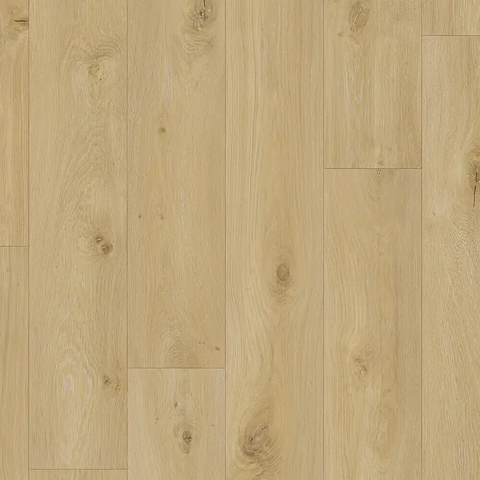 PVC-Boden Meterware Vinylboden 2m Diele Eiche rustikal -  - Helle, holzfarbene Bodenpaneele mit sichtbarer Maserung und Ästen.