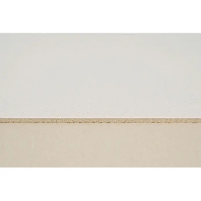 PVC-Boden Meterware Vinylboden 2m Steinoptik Betonoptik weiss -  - Strukturierte beige Materialprobe mit heller Oberfläche, rauer Schnittkante und dunklerer beiger Oberfläche.