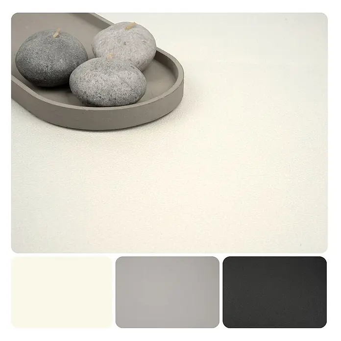 PVC-Boden Meterware Vinylboden 2m Steinoptik Betonoptik weiss -  - Drei graue Kerzen in Steinoptik auf einem grauen Tablett. Erhältlich in Creme, Grau und Schwarz.