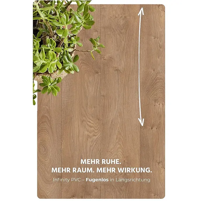 PVC-Boden Meterware Vinylboden 4m Holzoptik Diele Eiche natur -  - Brauner PVC-Boden in Holzoptik, fugenlos in Längsrichtung, mit einer Pflanze dargestellt.