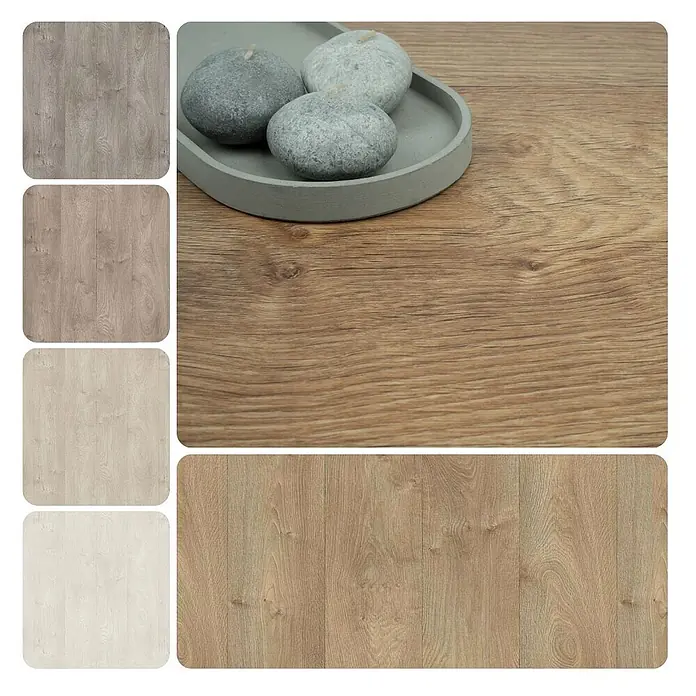 PVC-Boden Meterware Vinylboden 4m Holzoptik Diele Eiche natur -  - Auswahl an Holzbodenmustern in verschiedenen Farbtönen, von hellbraun bis cremefarben, eines mit dekorativem Tablett und Kerzen.