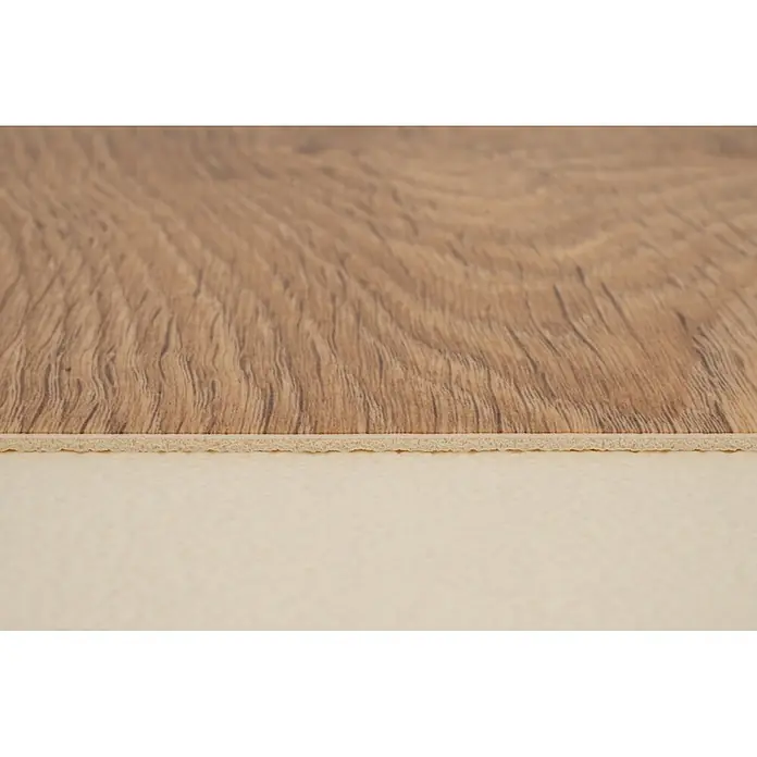 PVC-Boden Meterware Vinylboden 4m Holzoptik Diele Eiche natur -  - Detailansicht eines Holzimitatbodens mit beiger, schaumartiger Unterseite, zeigt den Materialquerschnitt.