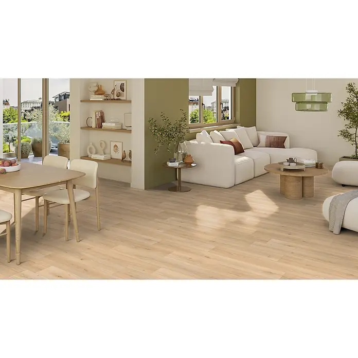 PVC-Boden Meterware Vinylboden 4m Diele Eiche creme rustikal -  - Heller Holzoptik-Boden in einem hellen, modernen Wohn- und Essbereich.
