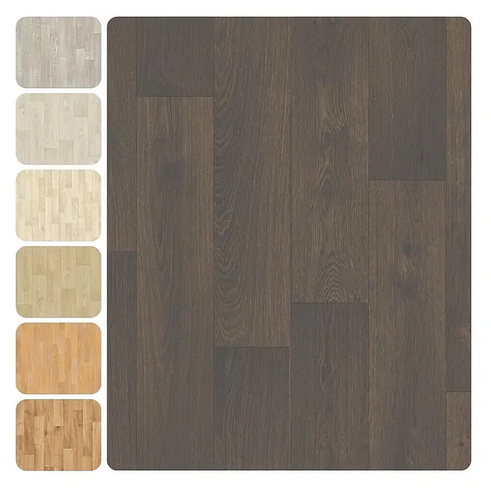 PVC-Boden Meterware Vinylboden 4m Diele Eiche dunkel -  - Dunkelbrauner Holzboden-Muster mit mehreren helleren Holzboden-Optionen daneben.