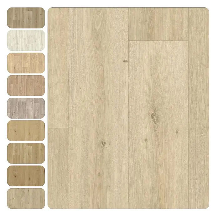 PVC-Boden Meterware Vinylboden 4m Diele Eiche creme rustikal -  - Heller Dielenboden aus blondem Holz mit natürlicher Maserung. Muster in verschiedenen Holztönen sichtbar.