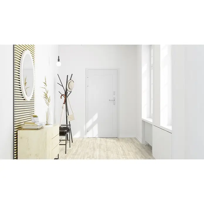 PVC-Boden Meterware Vinylboden 2m Diele Eiche hell weiss creme -  - Hellholz-Laminatboden in einem modernen Flur, der einen hellen und luftigen Eingang schafft.