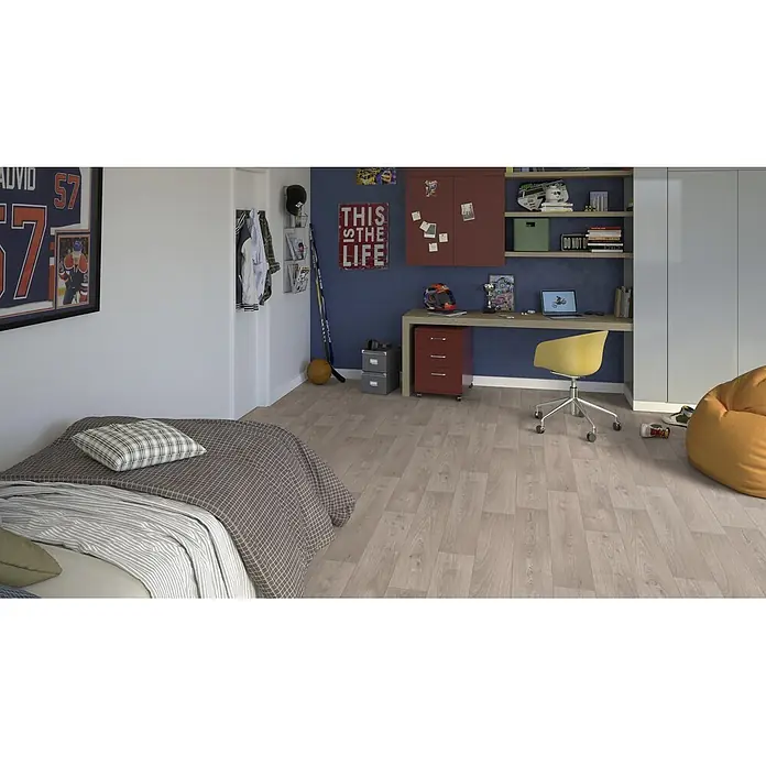 PVC-Boden Meterware Vinylboden 2m Diele Eiche grau -  - Heller Laminatboden in Holzoptik, verlegt in einem Kinderzimmer mit Bett, Schreibtisch und Sitzsack.