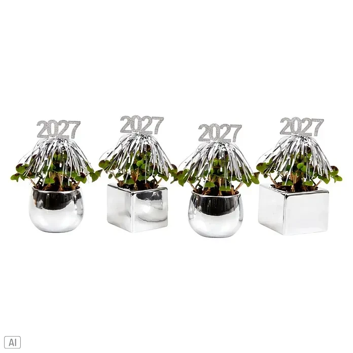 Piardino Glücksklee - Botanische Bezeichnung: Oxalis Hybriden, Topfgröße: 6 cm - Vier kleine Topfpflanzen in glänzenden Silbertöpfen (zwei rund, zwei eckig). Jede hat eine silberne '2027' Glitzerschrift und Lametta für Neujahr.