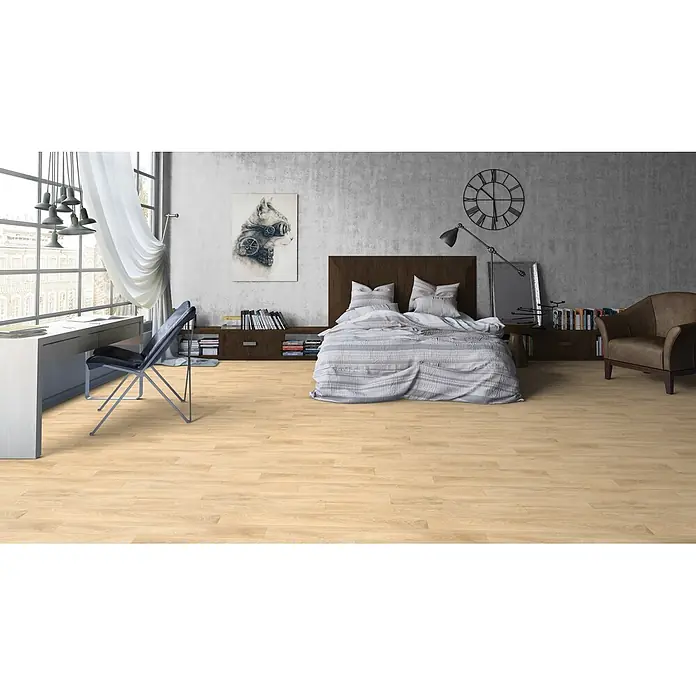 PVC-Boden Meterware Vinylboden 2m Diele Eiche hell -  - Heller Holzdielenboden in einem modernen Schlafzimmer.