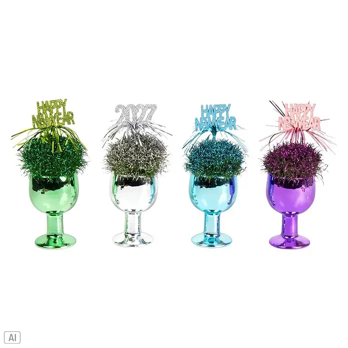 Piardino Sternmoos - Botanische Bezeichnung: Sagina subulata, Topfgröße: 7 cm - Vier glitzernde Silvesterdekorationen in Stielgläsern: grün, silber, blau und lila, mit 'Happy New Year' oder '2027' Aufsätzen.