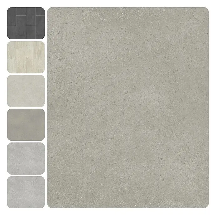 PVC-Boden Meterware Vinylboden 2m Beton grau hell -  - Großes hellgraues Betonoptik-Bodenmuster mit fünf kleineren Bodenmustern.