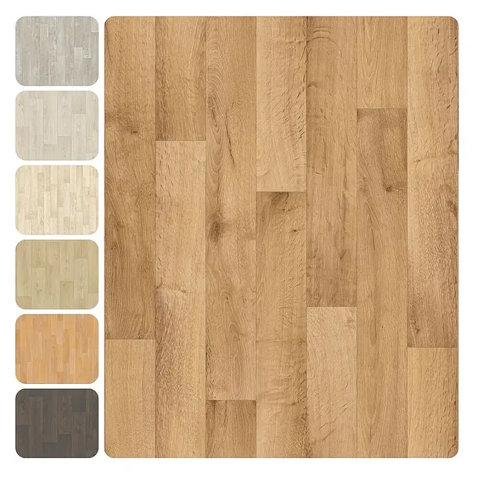 PVC-Boden Meterware Vinylboden 4m Diele Eiche rustikal -  - Hellebrauner Naturholz-Dielenboden-Muster mit mehreren kleineren Farbvarianten.