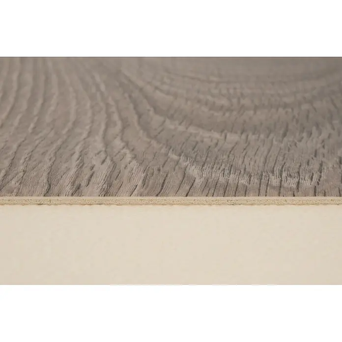 PVC-Boden Meterware Vinylboden 4m Holzoptik Diele Eiche dunkel-grau -  - Nahaufnahme eines geschichteten Bodenbelags oder einer Matte, mit grauer Holzmaserung über beigefarbener, poröser Rückseite.