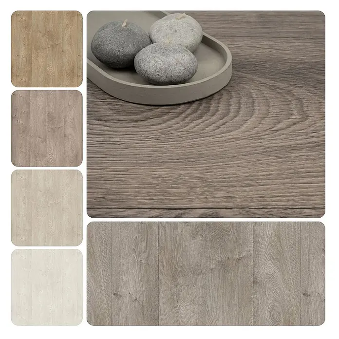 PVC-Boden Meterware Vinylboden 4m Holzoptik Diele Eiche dunkel-grau -  - Holzbodenmuster in Braun, Grau und Beige, eines mit Dekotablett.