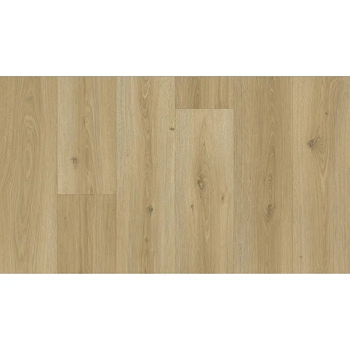 PVC-Boden Meterware Vinylboden 2m Diele Eiche dunkel rustikal -  - Hellbraune Bodenplanken in Holzoptik mit natürlicher Maserung und dezenten Ästen.