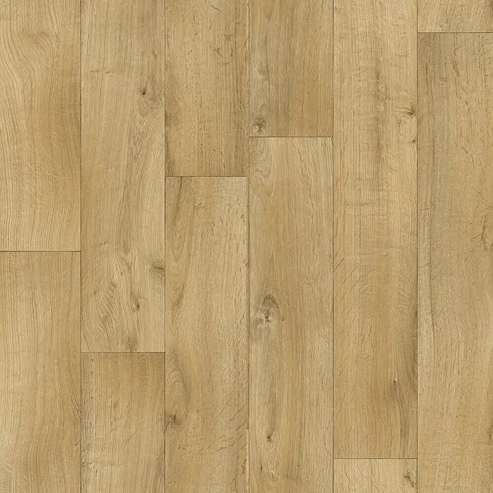 PVC-Boden Meterware Vinylboden 4m Diele Eiche dunkel rustikal -  - Hellebraune Dielen in Holzoptik mit natürlicher Maserung.