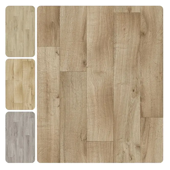 PVC-Boden Meterware Vinylboden 2m Diele Eiche dunkel -  - Holzoptik-Laminatbodenmuster in hellbraunen, beigen, gelbbraunen und grauen Dielen.