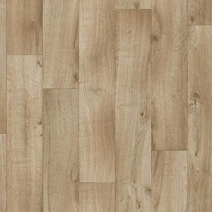PVC-Boden Meterware Vinylboden 2m Diele Eiche dunkel -  - Hellebraune Holzfußbodendielen mit sichtbarer Maserung und Ästen, für einen natürlichen Bodenbelag.