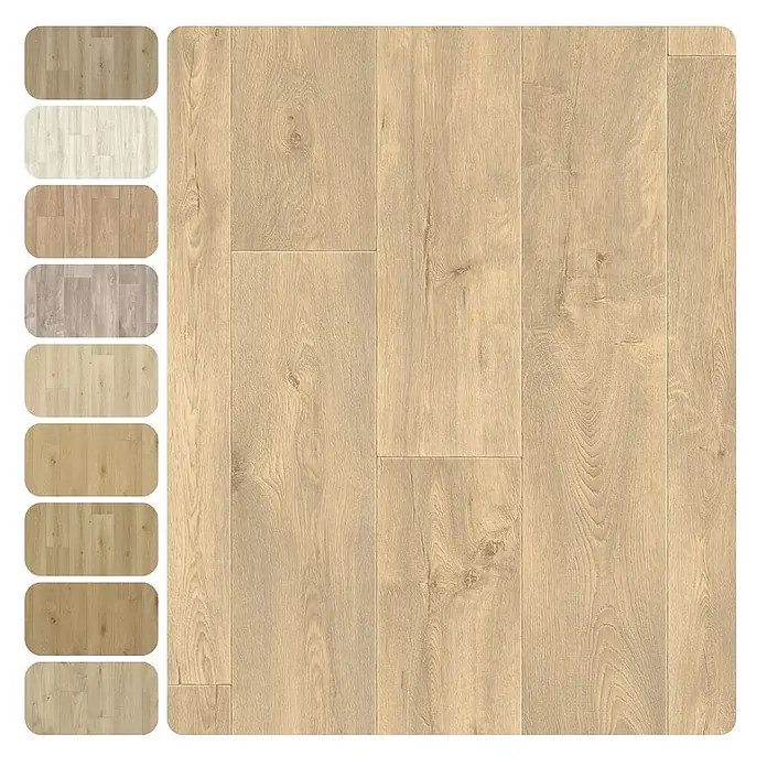 PVC-Boden Meterware Vinylboden 4m Diele Eiche hell antik -  - Hellbrauner Laminatboden in Holzoptik mit Maserung, links daneben Farbmuster.