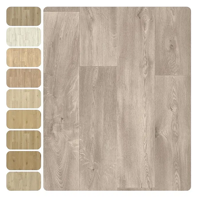 PVC-Boden Meterware Vinylboden 2m Diele Eiche grau antik -  - Helles braun-graues Laminatboden in Holzoptik, mit verschiedenen Farbmustern.