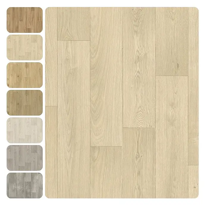 PVC-Boden Meterware Vinylboden 2m Diele Eiche hell creme -  - Holzbodenmuster in verschiedenen hellen Farbtönen, von Hellbraun bis Grau. Das Hauptmuster ist hellbeiges Holz.