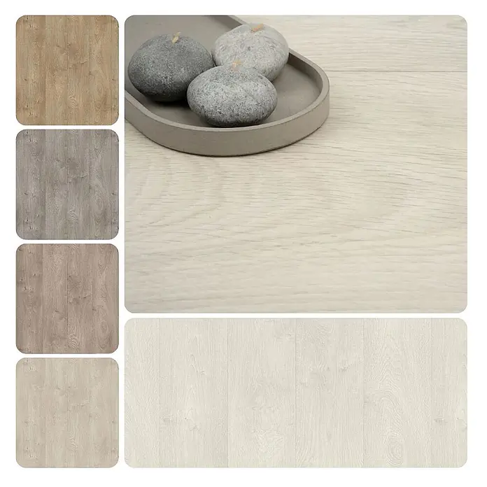 PVC-Boden Meterware Vinylboden 4m Holzoptik Diele Eiche creme weiss -  - Eine Sammlung heller Holzbodenmuster in verschiedenen Farbtönen: warmes Braun, Grau und sehr helles Beige. Einige sind als größere Dielen dargestellt.