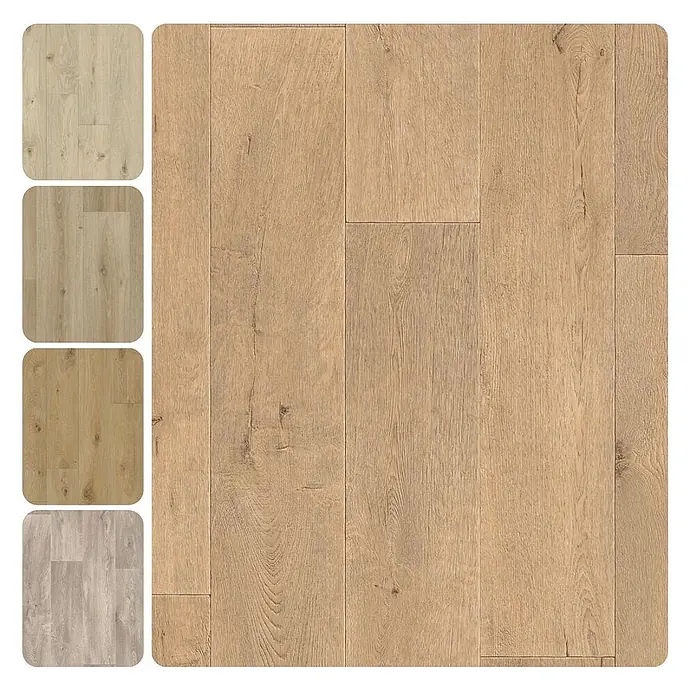 PVC-Boden Meterware Vinylboden 2m Diele Eiche dunkel -  - Hellebraunes Laminatbodenmuster in Holzoptik mit natürlicher Maserung.