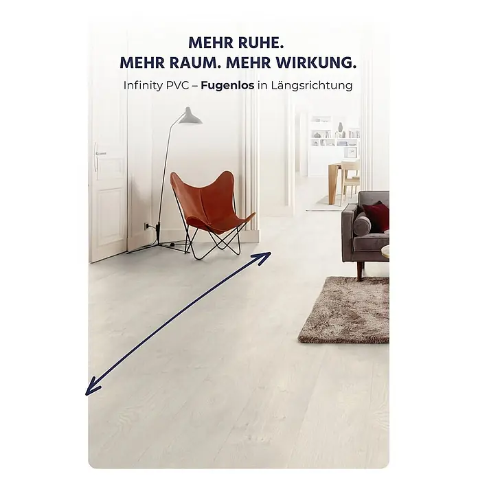 PVC-Boden Meterware Vinylboden 4m Holzoptik Diele Eiche creme weiss -  - Helles Infinity PVC in Holzoptik, fugenlos in Längsrichtung in einem modernen Wohnraum verlegt, betont Länge und Geräumigkeit.