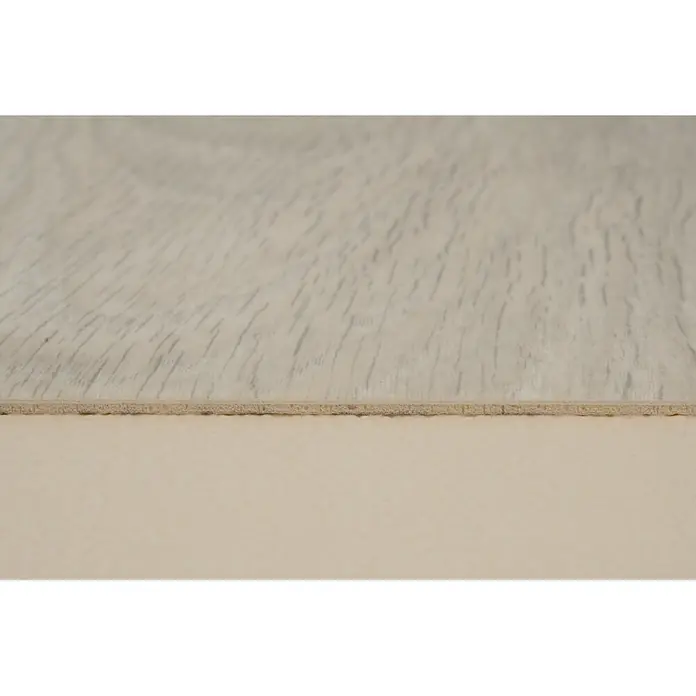 PVC-Boden Meterware Vinylboden 4m Holzoptik Diele Eiche creme weiss -  - Helles Holzbodenmuster, das seine geschichtete Konstruktion mit einer strukturierten Unterseite zeigt.