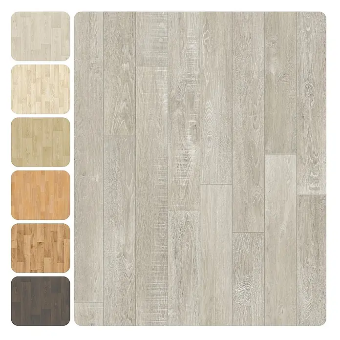 PVC-Boden Meterware Vinylboden 4m Diele Eiche hell-grau -  - Hellgraue Holzoptik-Bodenplanken, daneben kleinere Muster anderer verfügbarer Holzfarben.