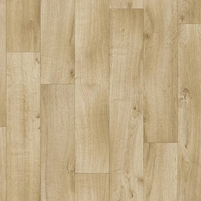 PVC-Boden Meterware Vinylboden 4m Diele Eiche hell -  - Hellbrauner Laminatboden mit natürlicher Holzmaserung und Plankenmuster.