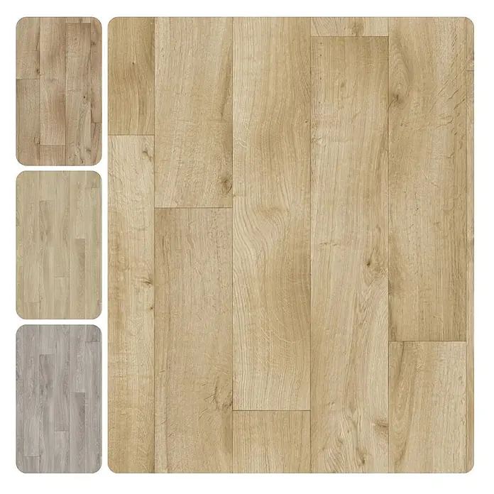 PVC-Boden Meterware Vinylboden 4m Diele Eiche hell -  - Bodenbelagsproben in Holzoptik: hellbraune, beige und graue Dielen für den Innenbereich.