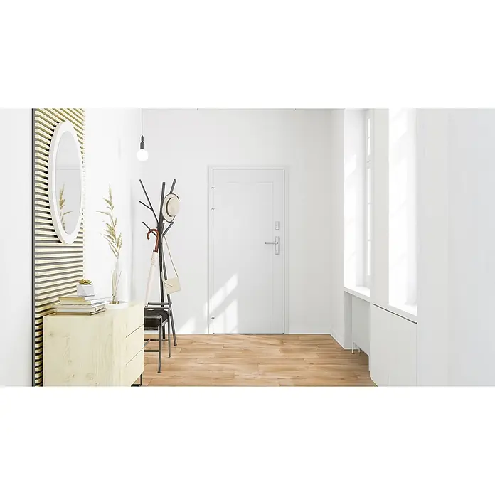 PVC-Boden Meterware Vinylboden 4m Diele Eiche hell -  - Helles Holz-Eingangsschränkchen mit drei Schubladen, dekoriert mit Büchern und einer Pflanze.