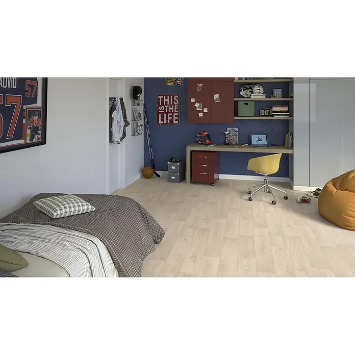 PVC-Boden Meterware Vinylboden 2m Diele Eiche hell weiss creme -  - Modernes Kinderzimmer mit hellem Holzplankenboden.