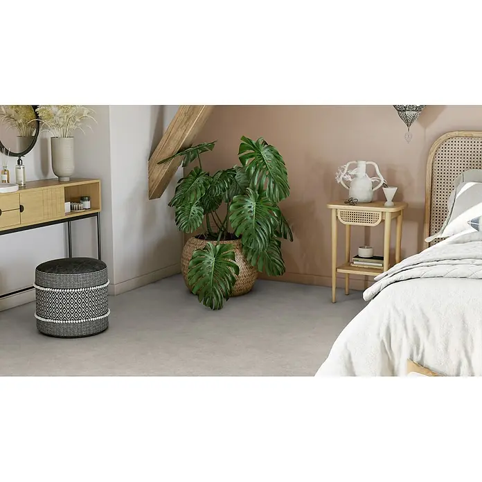PVC-Boden Meterware Vinylboden 4m Betongrau -  - Hellgrauer Bodenbelag in einem Schlafzimmer, der eine neutrale und moderne Basis schafft.