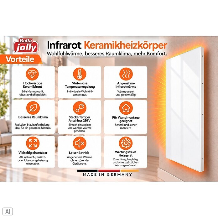 Infrarot-Keramikheizkörper (60 x 120 cm, 1.100 W, Weiß)