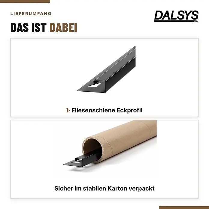 Dalsys Fliesenschiene Edelstahl Schwarz 2,5m x 12,5mm Eckprofil Quadrat -  - Schwarzes Fliesenprofil-Eckstück und seine stabile Kartonverpackung.