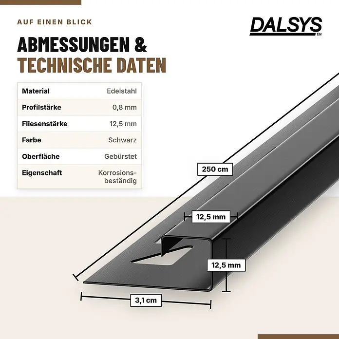 Dalsys Fliesenschiene Edelstahl Schwarz 2,5m x 12,5mm Eckprofil Quadrat -  - Schwarzes, gebürstetes Edelstahl-Fliesenprofil (12,5 mm Fliesenstärke) mit technischen Daten und Abmessungen.