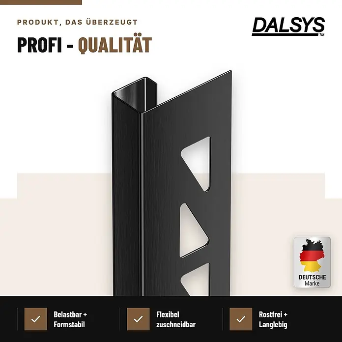 Dalsys Fliesenschiene Edelstahl Schwarz 2,5m x 12,5mm Eckprofil Quadrat -  - Schwarz gebürstetes Metall-Fliesenprofil mit dreieckigen Aussparungen für Profi-Qualität, rostfrei und zuschneidbar.