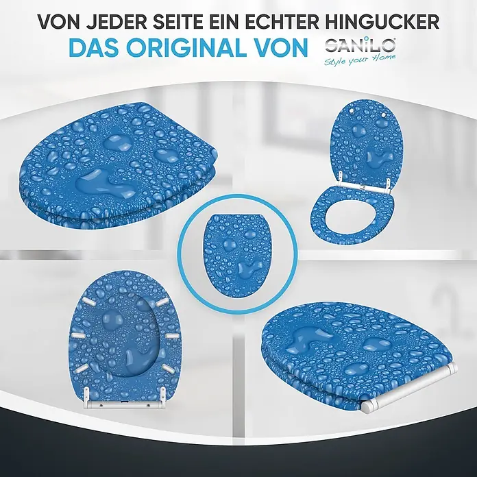 WC-Sitz mit Absenkautomatik & Top Fix Tautropfen Blau -  - Blauer Toilettensitz mit Wassertropfenmuster, aus verschiedenen Winkeln gezeigt, inklusive offener, geschlossener und Unterseitenansichten.