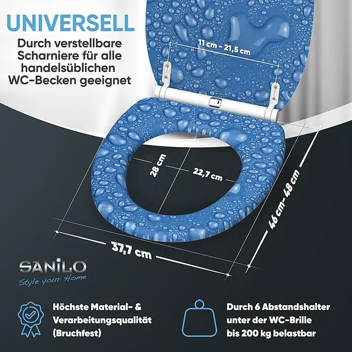 WC-Sitz mit Absenkautomatik & Top Fix Tautropfen Blau -  - Blauer Toilettensitz mit Wassertropfen-Design, universell passend mit verstellbaren Scharnieren und bis zu 200 kg belastbar.